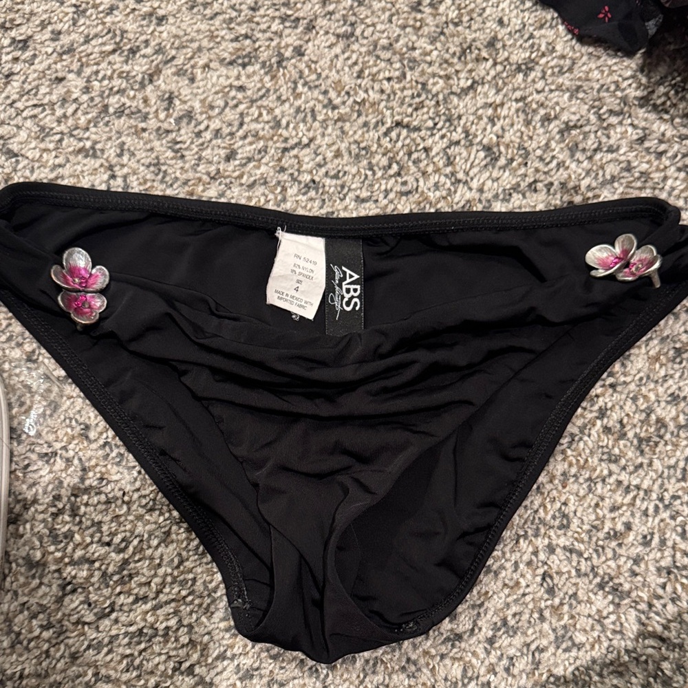 ABS Allen Schwartz Black Bikini Bottom with Pink Floral Details